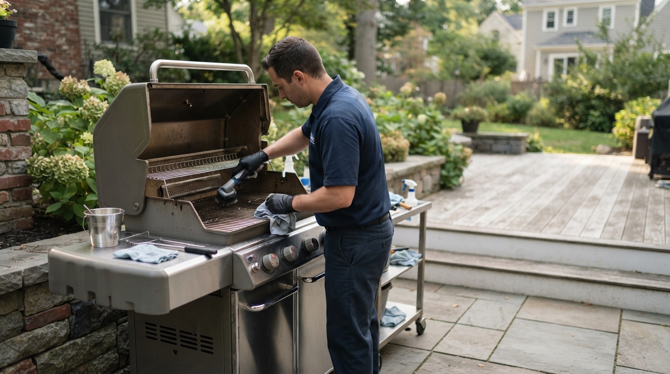Grill with cooking grates being cleaned