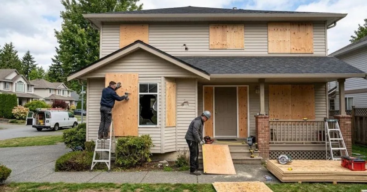 Covered window opening prepared for board-up service