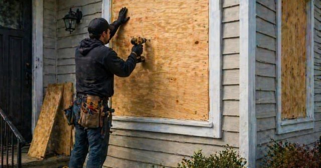 Homeowner documenting a damaged window opening for a board-up estimate