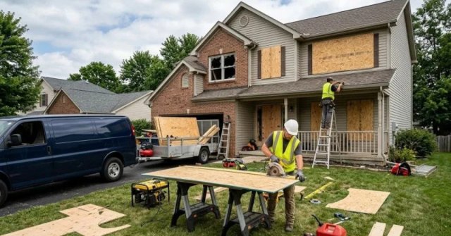 Homeowner documenting a damaged window opening for a board-up estimate