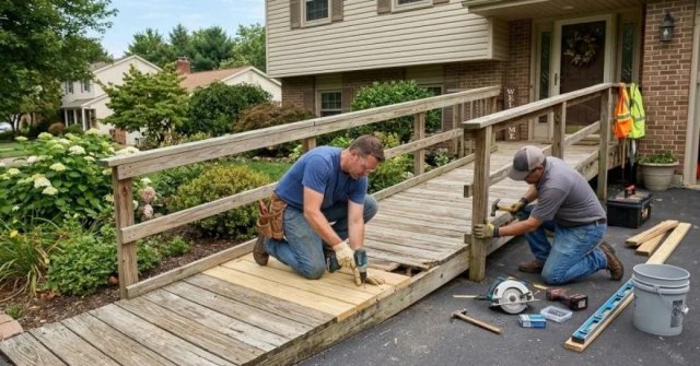 Two project photos showing a full disability ramp and a close-up of a damaged ramp section